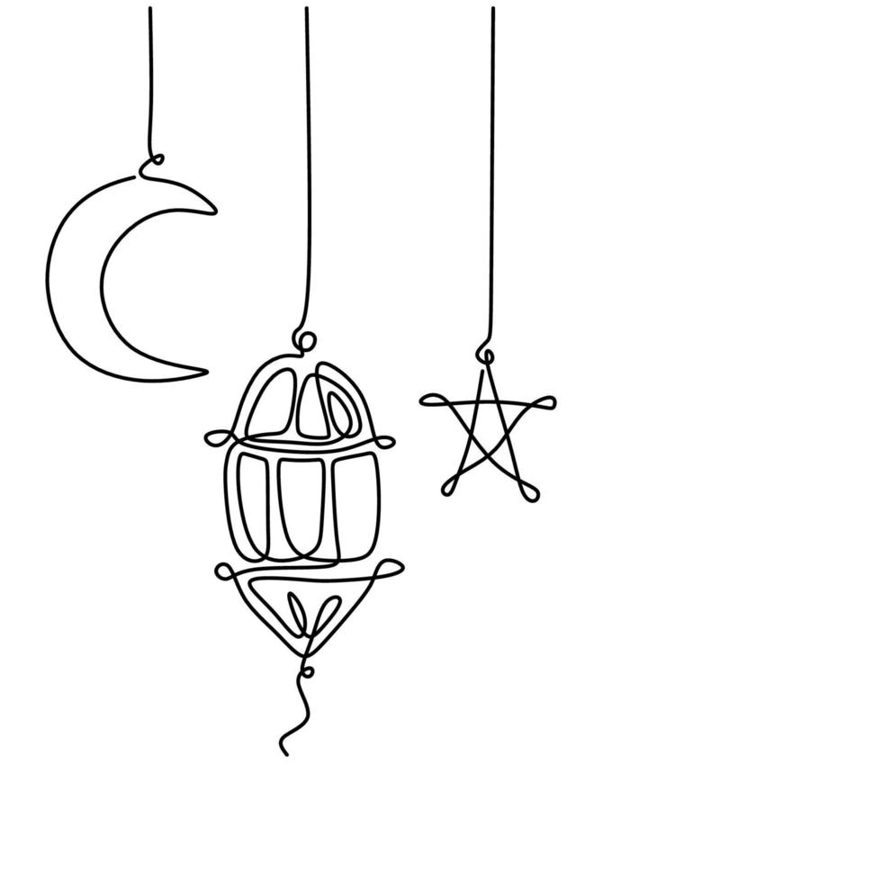 Lantern, half moon and star. Ramadan Kareem theme minimal one continuous line drawing on white background. Single line art of Eid Mubarak greeting card, poster and banner design. Vector illustration