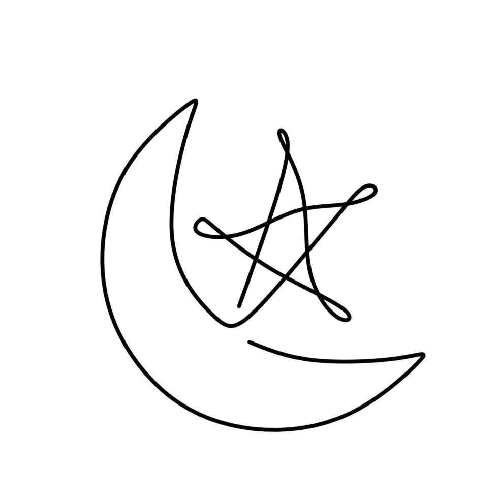dibujo de una sola línea de adorno islámico con luna y estrella aislado sobre fondo blanco. concepto de tarjeta de felicitación, pancarta y póster de ramadan kareem. diseño minimalista. ilustración vectorial vector