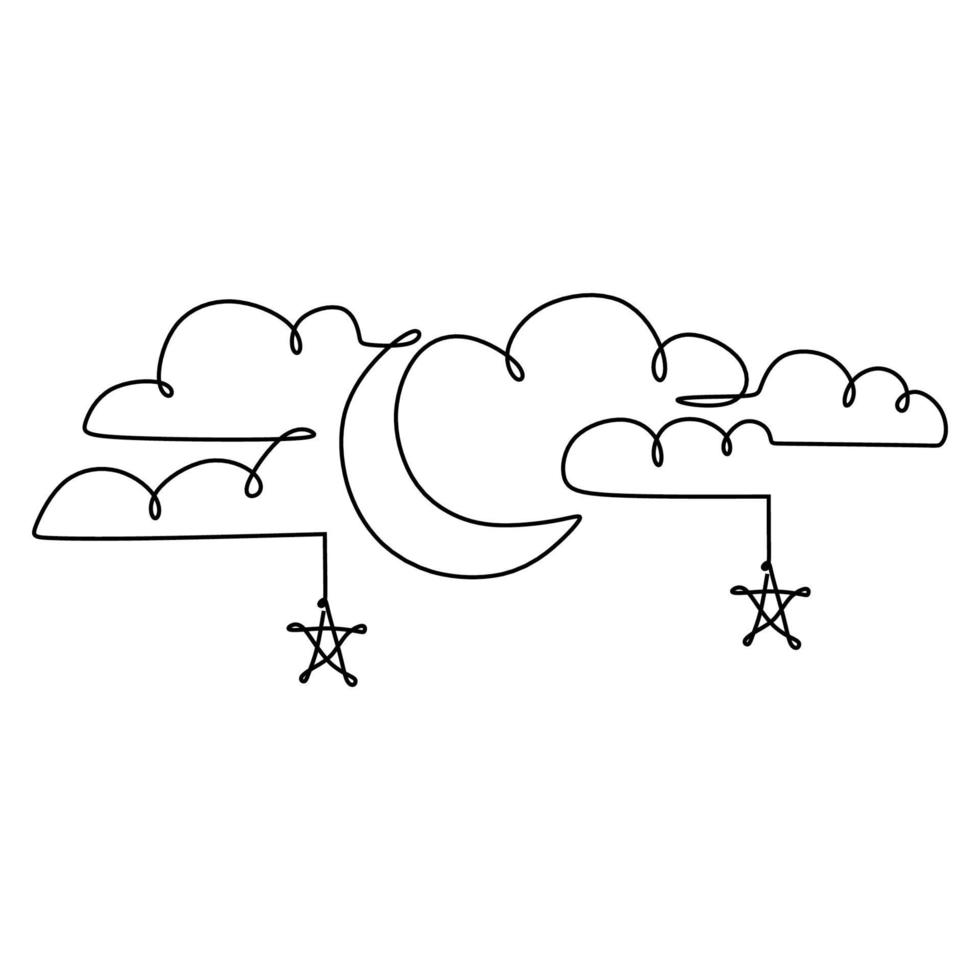One continuous line drawing of islamic ornament with hanging star, half moon and cloudy sky isolated on white background. Islamic decoration concept. Vector illustration Ramadan Kareem greeting card