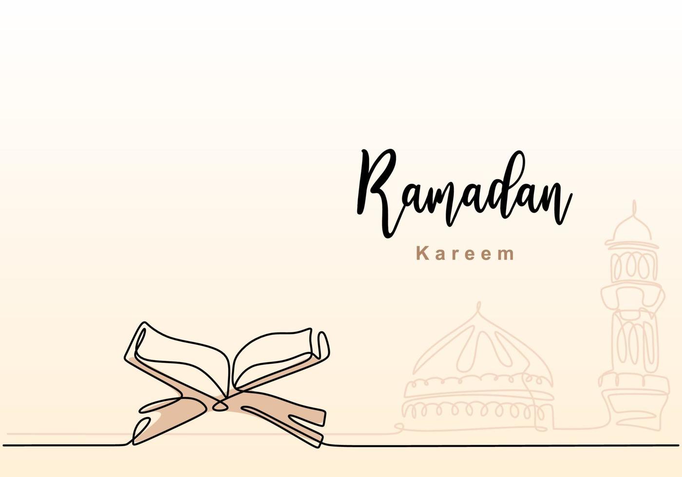 un solo dibujo de línea continua de ramadan kareem con corán abierto, cúpula de mezquita y torre de mezquita. fiesta islámica, concepto de tarjeta de felicitación de eid mubarak, diseño de dibujo de una línea, ilustración vectorial vector