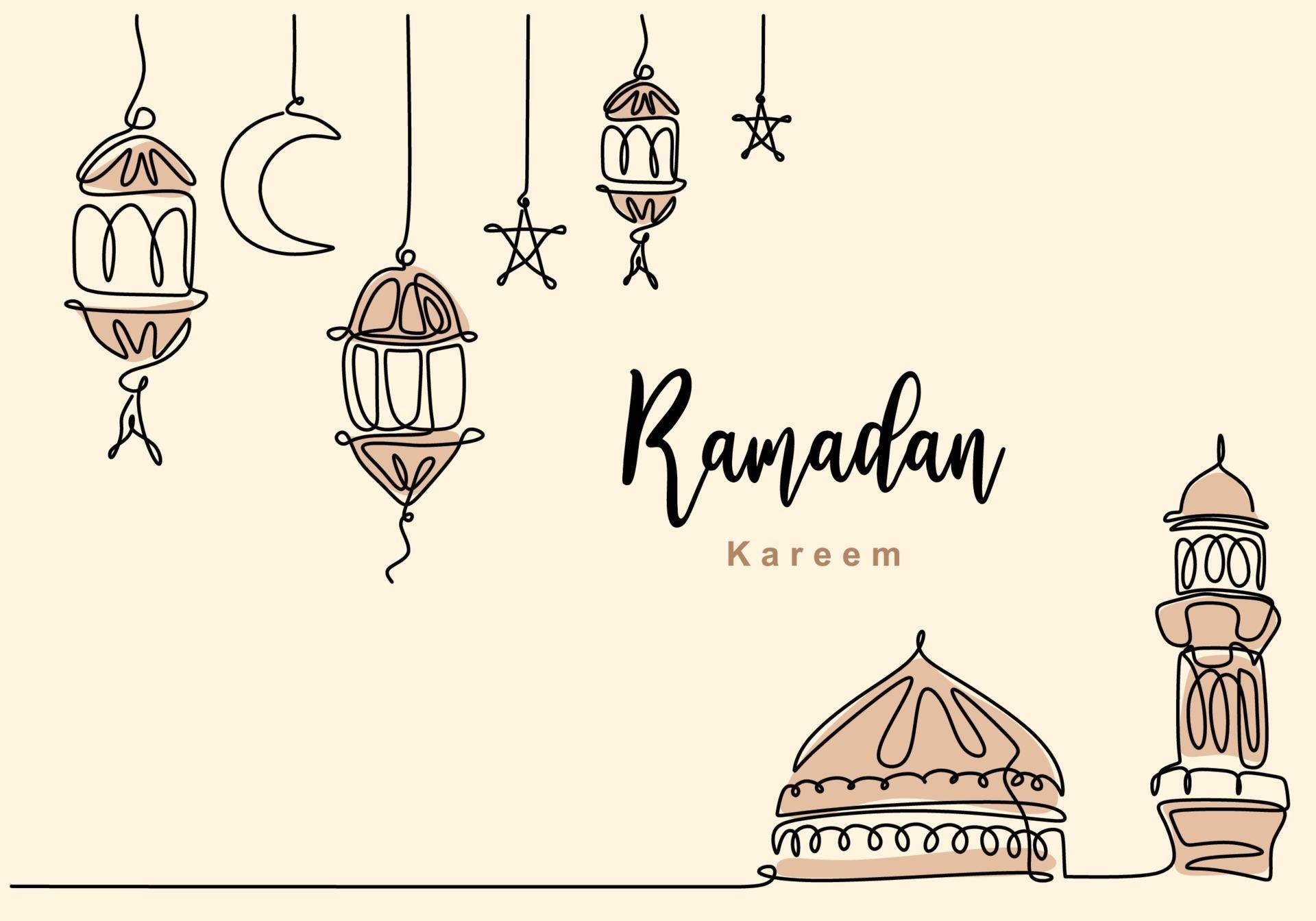 Continuous one line drawing of Islamic mosque with hanging traditional