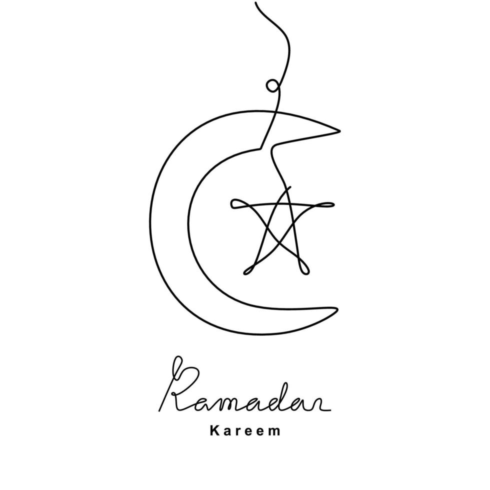 Continuous line drawing of crescent moon and star for Ramadan Kareem. Happy Eid mubarak. Islamic Festival celebration theme isolated on white background. Vector illustration minimalist style