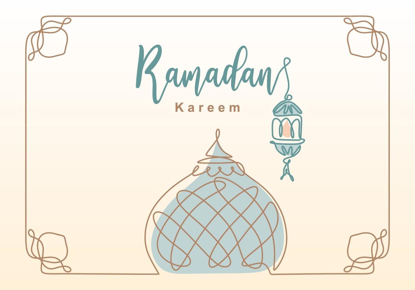 Ramadan Kareem one continuous line with lantern, mosque dome and mosque tower ornament. Eid Al Fitr Mubarak and Ramadan Kareem greeting card concept hand drawn design minimalist style vector