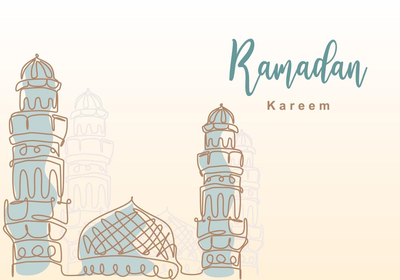 Ramadan Kareem one continuous line with islamic mosque, mosque dome and mosque tower ornament. Eid Al Fitr Mubarak and Ramadan Kareem greeting card concept hand drawn design minimalist style vector