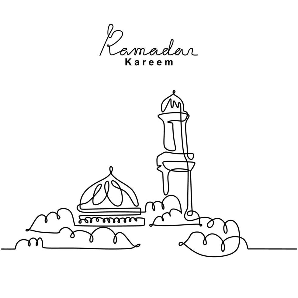 One continuous line drawing of islamic mosque, Ramadan Kareem handwritten lettering. Happy Eid Mubarak, Eid Fitr. Muslim religion holiday celebration hand drawn line art minimalism style vector