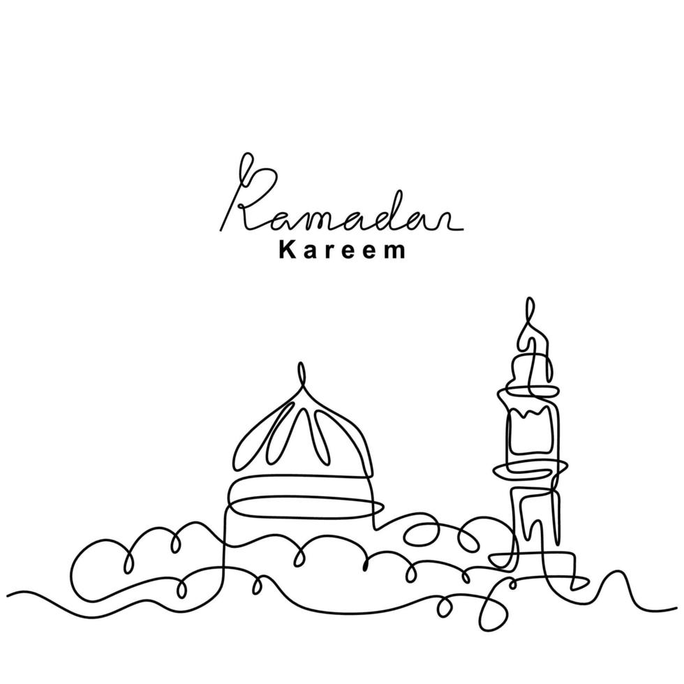 One continuous line drawing of islamic mosque, Ramadan Kareem handwritten lettering. Happy Eid Mubarak, Eid Fitr. Muslim religion holiday celebration hand drawn line art minimalism style vector