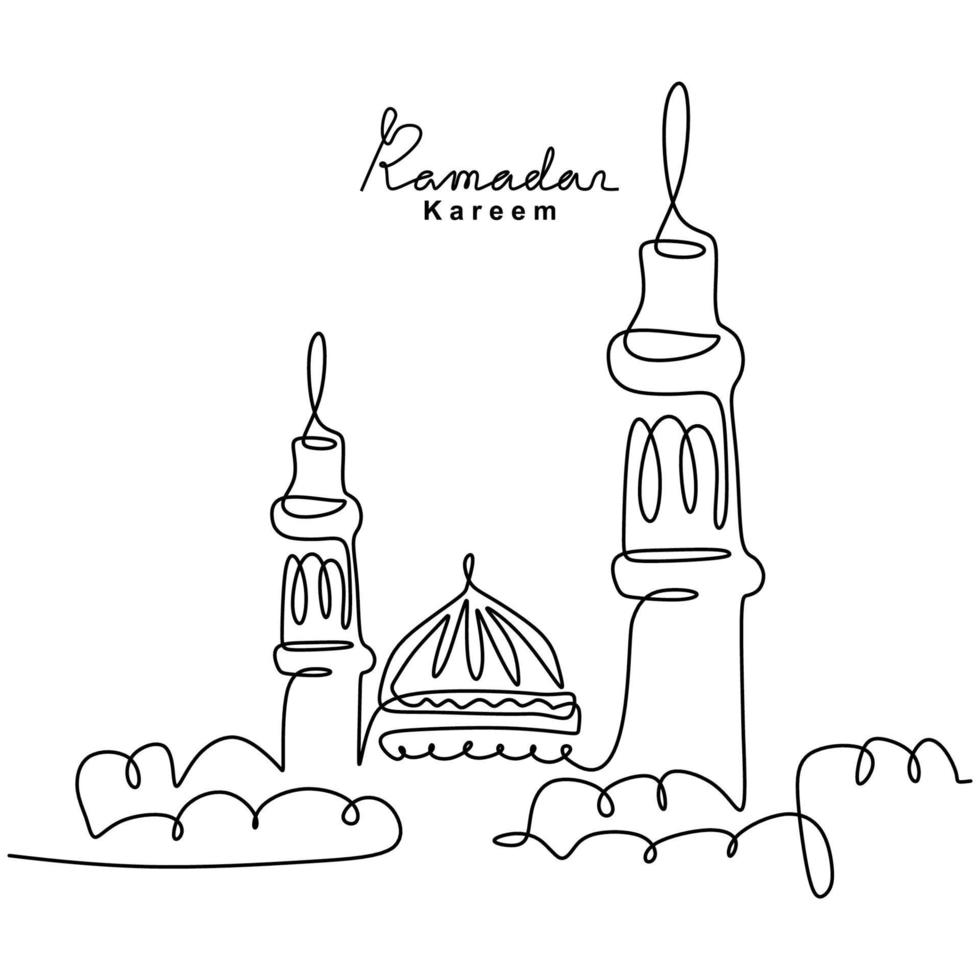 One continuous line drawing of islamic mosque, Ramadan Kareem handwritten lettering. Happy Eid Mubarak, Eid Fitr. Muslim religion holiday celebration hand drawn line art minimalism style vector