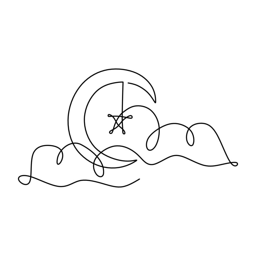 dibujo continuo de una línea de luna creciente y estrella en cielo nublado, símbolo del emblema de la religión. eid mubarak, celebración musulmana. concepto de tarjeta de felicitación, pancarta y póster de ramadan kareem vector
