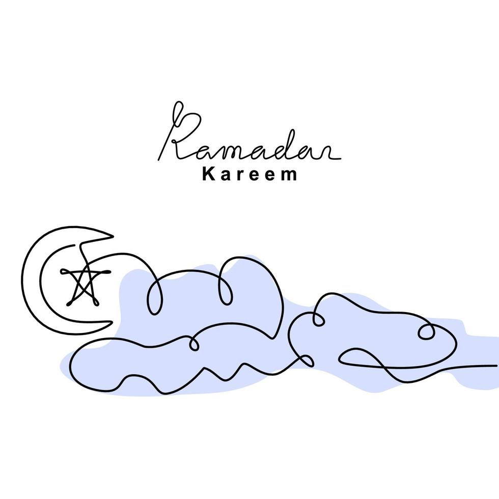 Continuous one line drawing of crescent moon and star in cloudy sky symbol of the emblem of religion. Eid Mubarak, muslim celebration. Ramadan Kareem greeting card, banner, and poster concept vector
