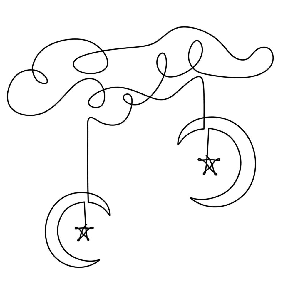 un dibujo de una sola línea de una luna creciente colgante y una estrella en las nubes. Ramadán Kareem con símbolo islámico aislado sobre fondo blanco. religión musulmana sobre fondo turquesa. ilustración vectorial vector