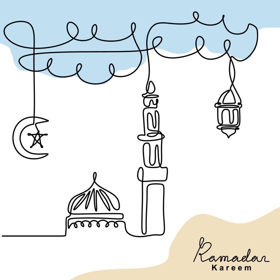 dibujo de línea continua de mezquita con linterna tradicional vintage colgante, luna y estrella en el cielo. tema de Ramadán Kareem aislado sobre fondo blanco. feliz Eid Mubarak. ilustración vectorial vector