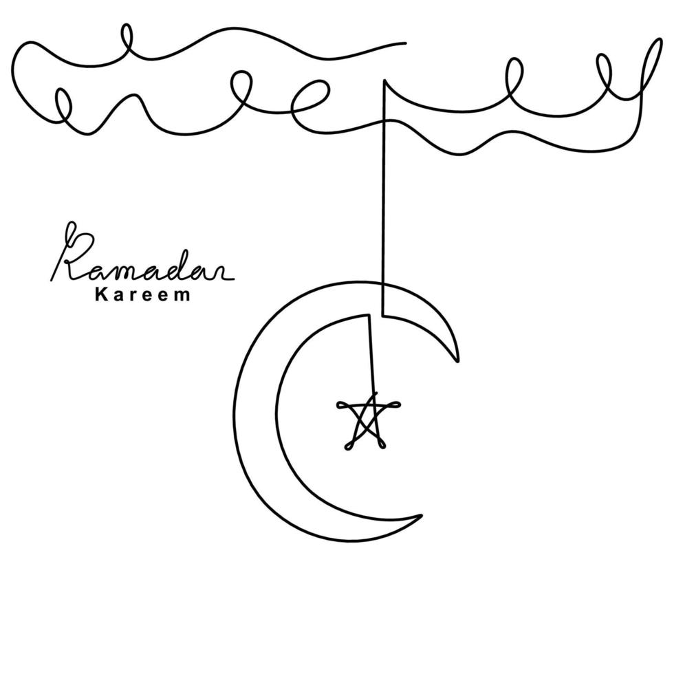 One single line drawing of hanging crescent moon and star in clouds. Ramadan Kareem with islamic symbol isolated on white background. Muslim religion on turquoise background. Vector illustration