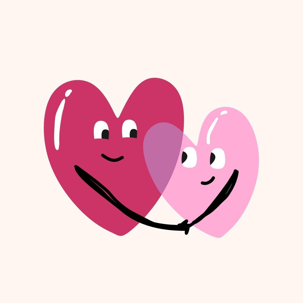 Two heart holding hands together in romantic moment. Happy couple in love. The best feeling ever concept. Flat vector illustration in cartoon character style for Valentines day design
