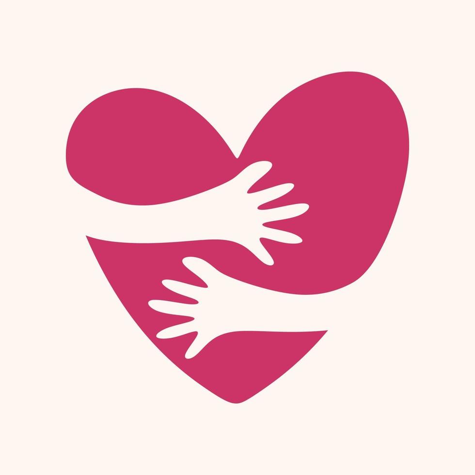 vector mano humana sosteniendo corazón rosa, icono plano de signo de amor. tema romántico para la tarjeta de felicitación del día de san valentín. amor incondicional. ilustraciones de diseño de stock de vectores de estilo dibujado a mano.