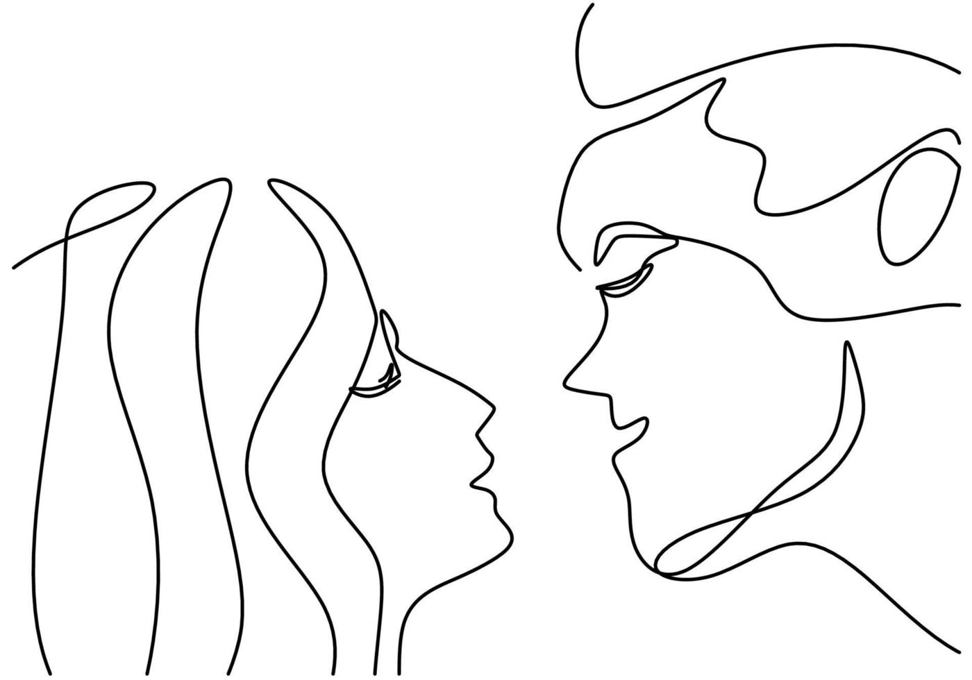 Continuous one line drawing of man and woman heads on white background. Young romantic couple in face to face pose. Happy Valentine Day. Minimalistic style loving graphic design. Vector illustration