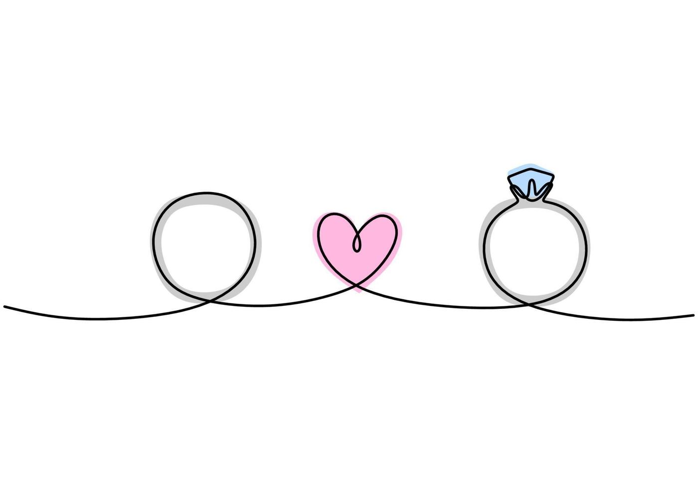 Continuous one line drawing of wedding rings couple, one of them with a diamond. Valentine's day. Vector illustration. Good for romantic valentine's day greeting banner, poster, and background.