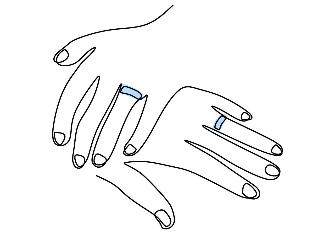 un dibujo de línea continua de manos masculinas y femeninas que muestran anillos de compromiso. feliz un dibujo de línea continua de manos masculinas y femeninas que muestran anillos de compromiso. feliz