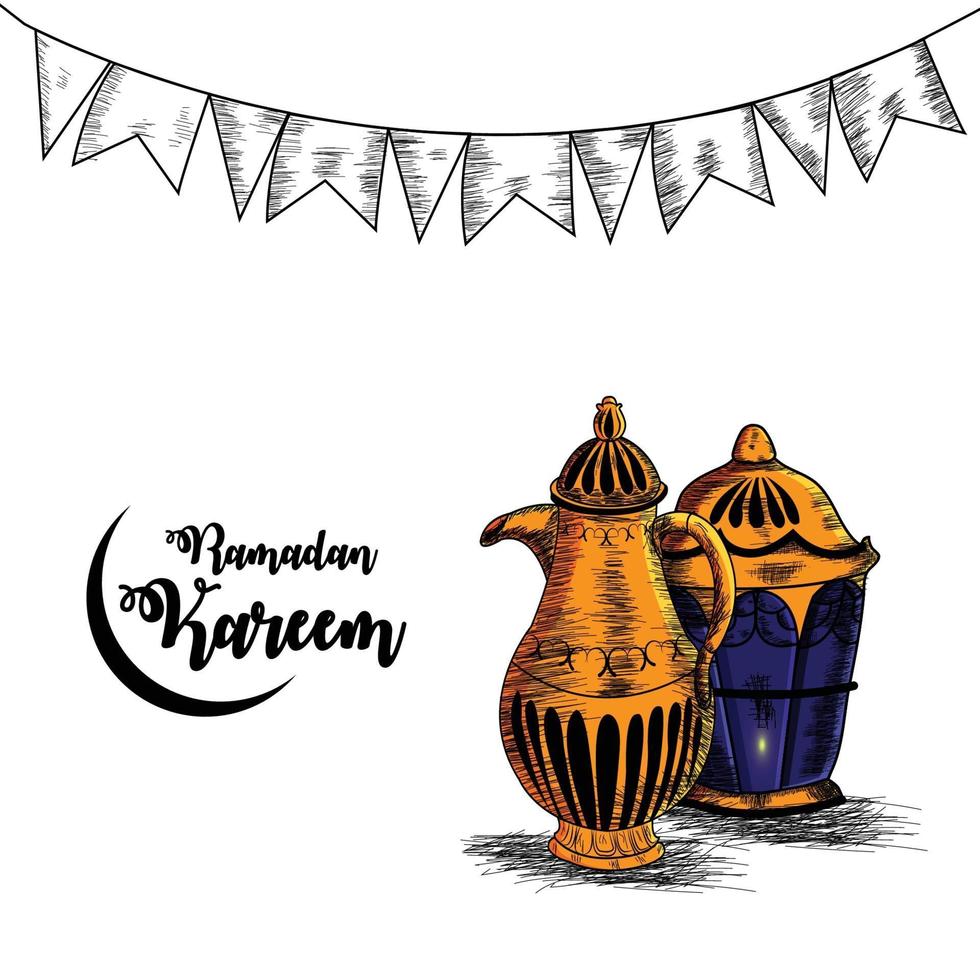 Tarjeta de felicitación de invitación de sorteo de mano de Ramadán con taza creativa y linterna vector