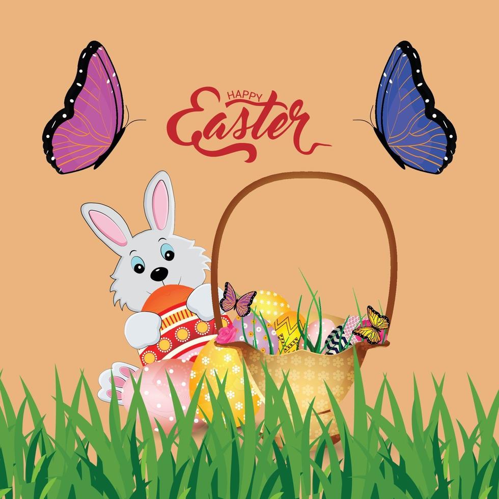 Happy easter day background with colorful painted easter egg and easter bunny vector