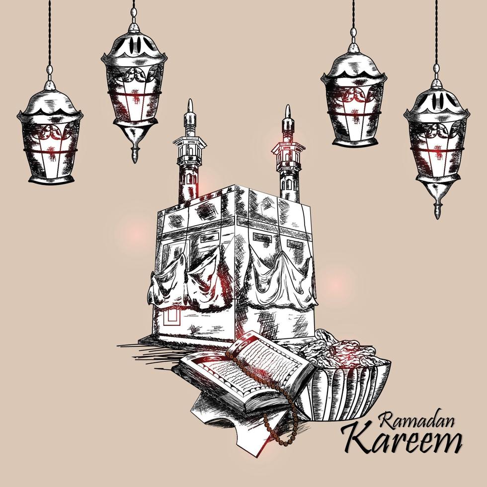 Ramadan hand draw invitation greeting card with creative mug and lantern vector