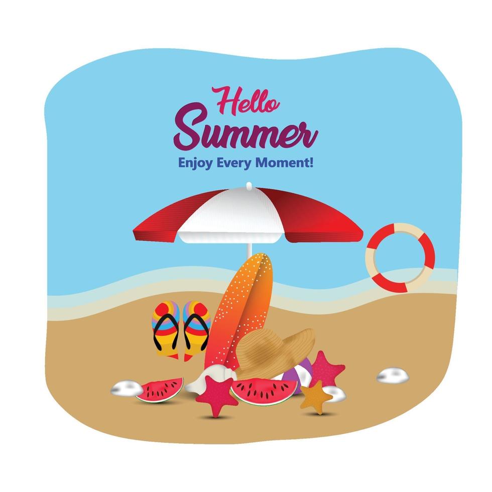Tarjeta de vacaciones de verano con pelota de playa, silla y sombrilla. vector