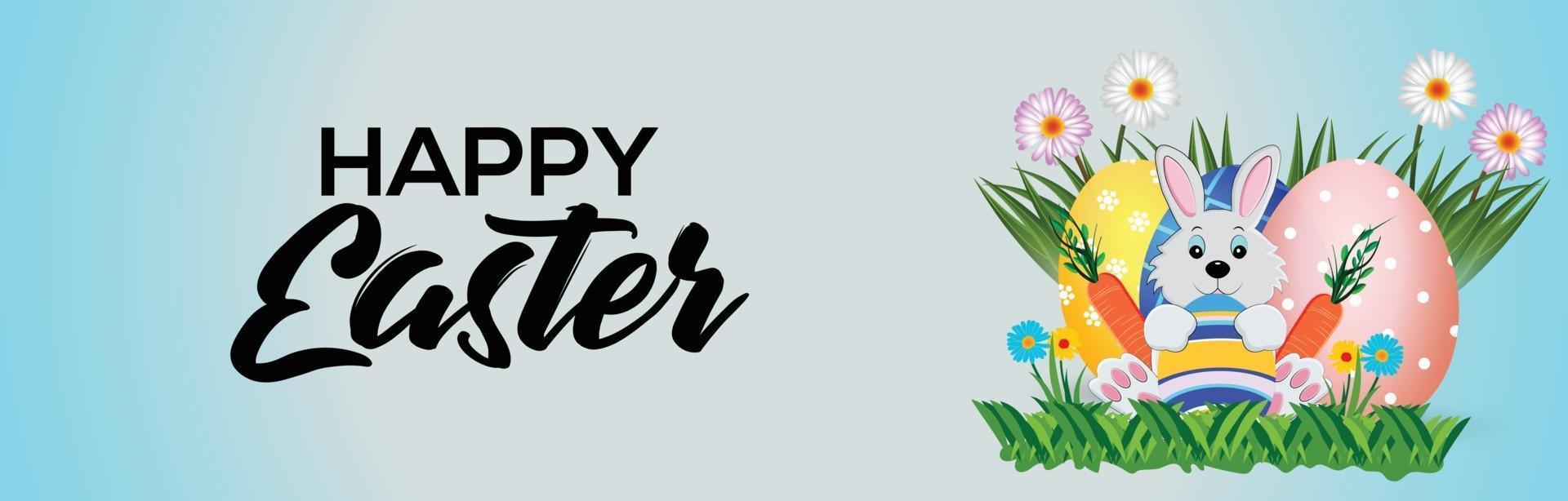 Happy easter day background with colorful painted easter egg and easter bunny vector