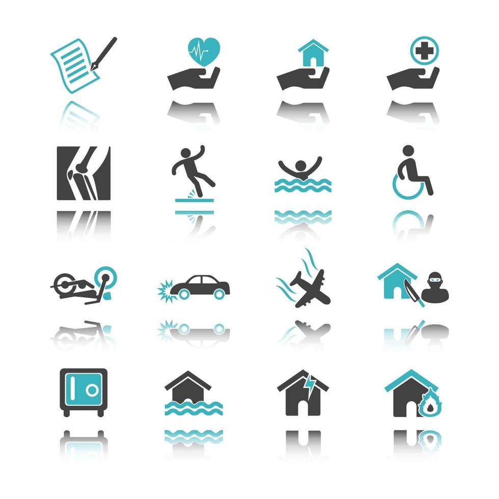 insurance icons with reflection vector