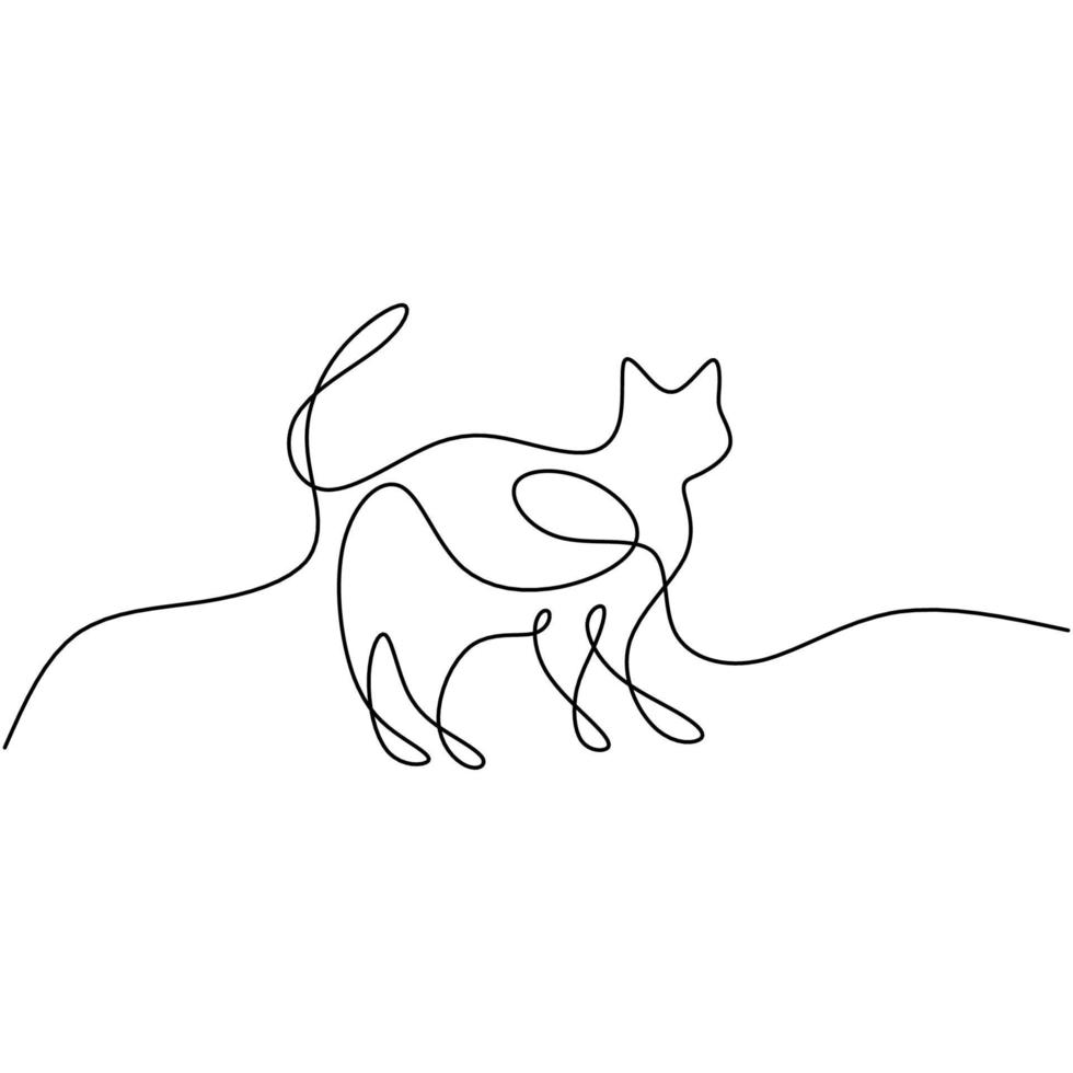 One line cat design silhouette in hand drawn minimalism style isolated on white background. Cat kitten face with long tail. Pet animals concept. Vector illustration