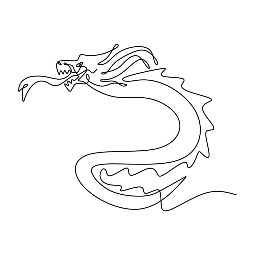 One continuous line drawing of flying dragon, a fictional monster animals for chinese traditional logo identity. Mythological creature animal mascot concept hand drawn design minimalist style. vector