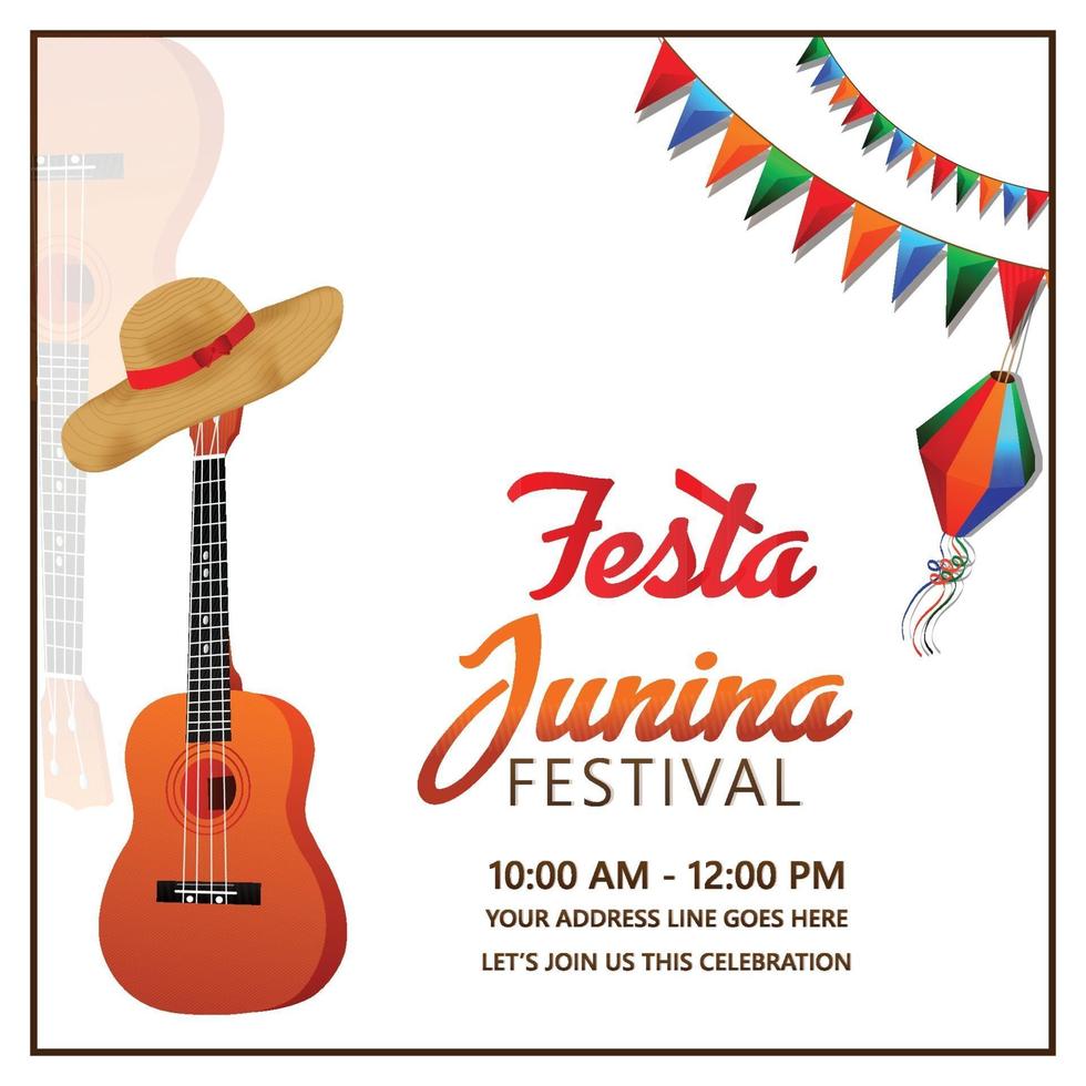 Festa junina vector illustration with guitar, colorful party flag and paper lantern