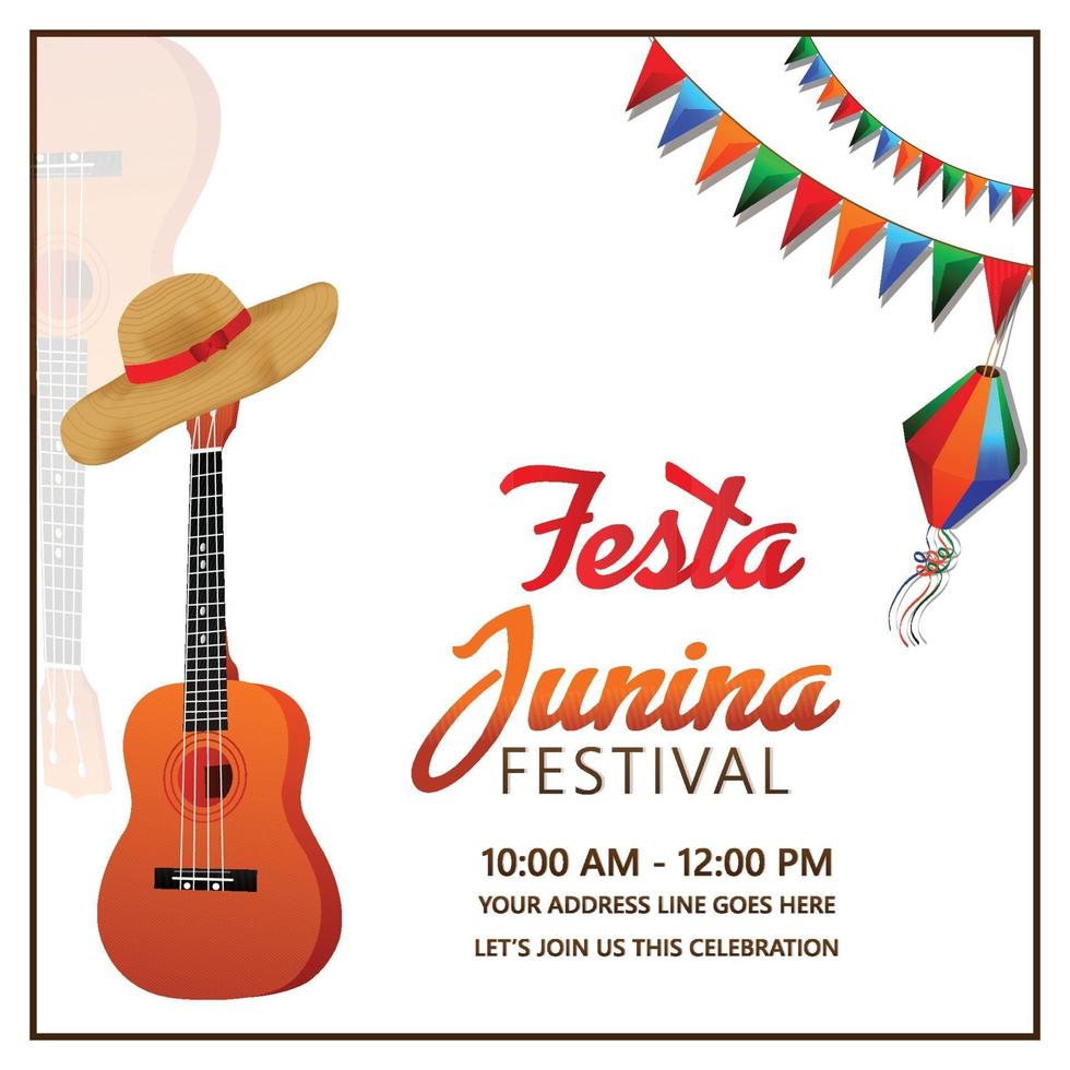 Ilustración de vector de festa junina con guitarra, bandera de fiesta colorida y linterna de papel