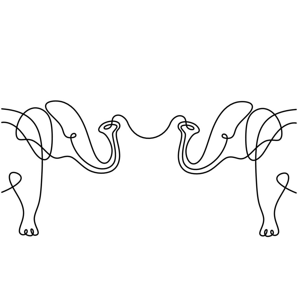 Continuous line drawing of two elephants silhouette with heart love symbols. Wedding, Valentine day, Hug day, family, friendship card design concept. Logo of the elephants with hearts vector