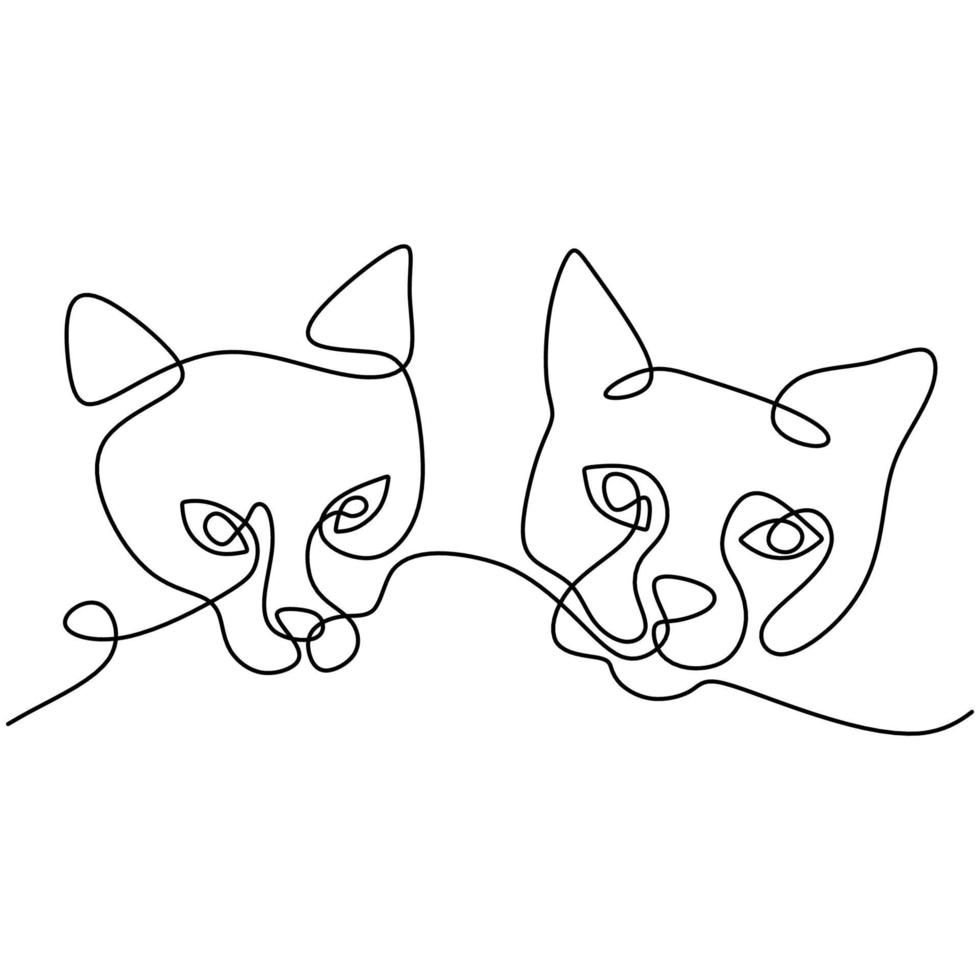 Continuous one line drawing of cat face couple. Two cute kitten head minimalist art isolated on white background. Pet animals concept hand draw design contour. Vector illustration