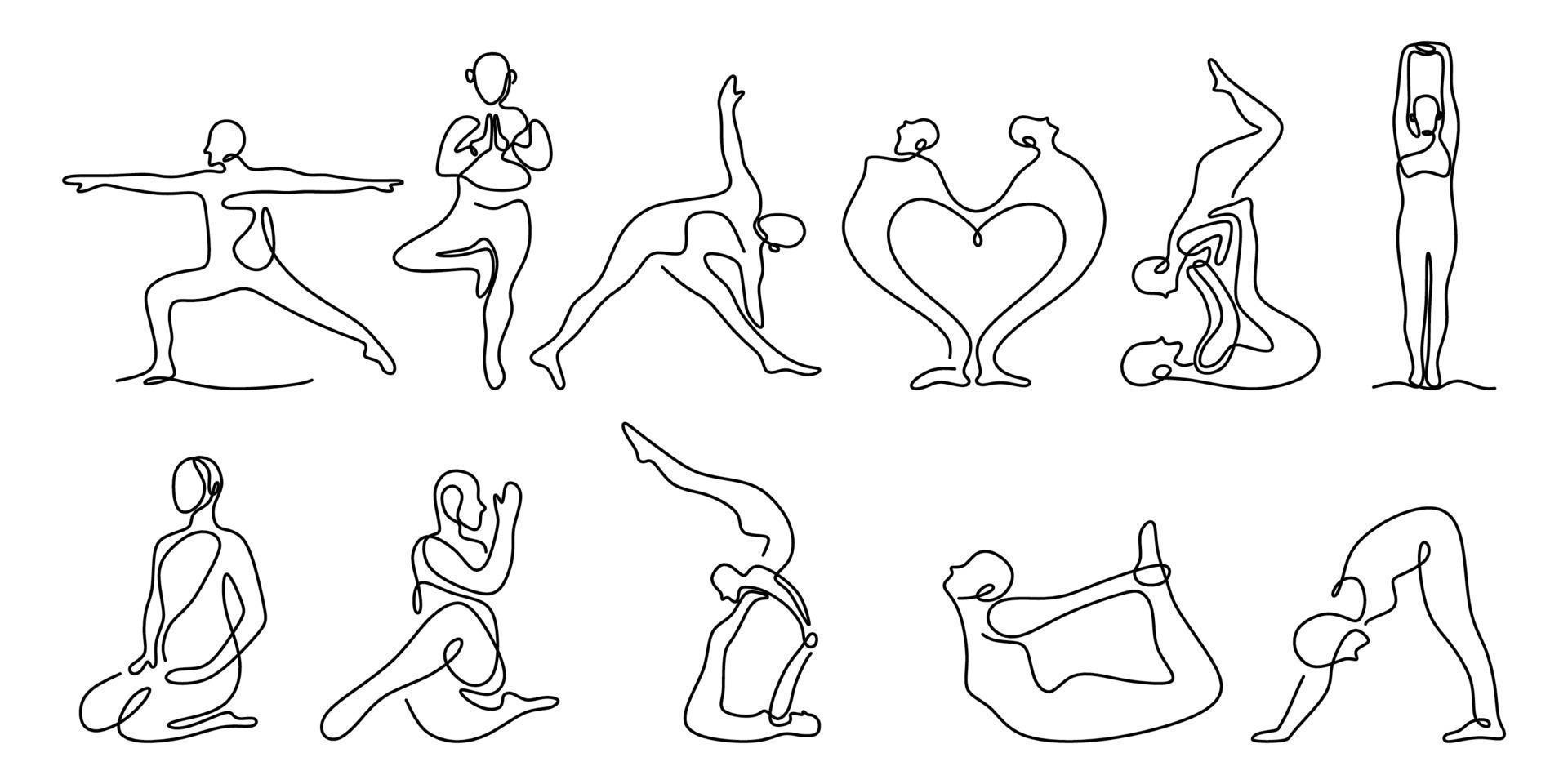 Set of yoga, continuous line drawing of women or man fitness yoga pose. Healthy lifestyle concept. Stretching body and meditation isolated on white background. Vector health illustration