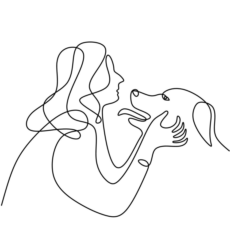 Continuous line drawing of woman happy pet lover with dog. Young female enjoy playing with her cute dog linear sketch isolated on white background. Friendship about human and pet animal concept vector