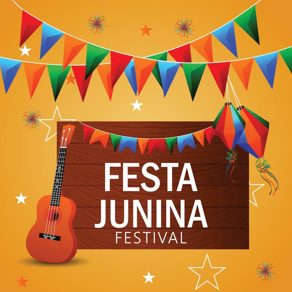 Ilustración de vector de festa junina con guitarra, bandera de fiesta colorida y linterna de papel