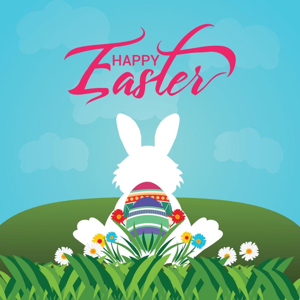 Happy easter day celebration background with creative colorful egg and bunny vector