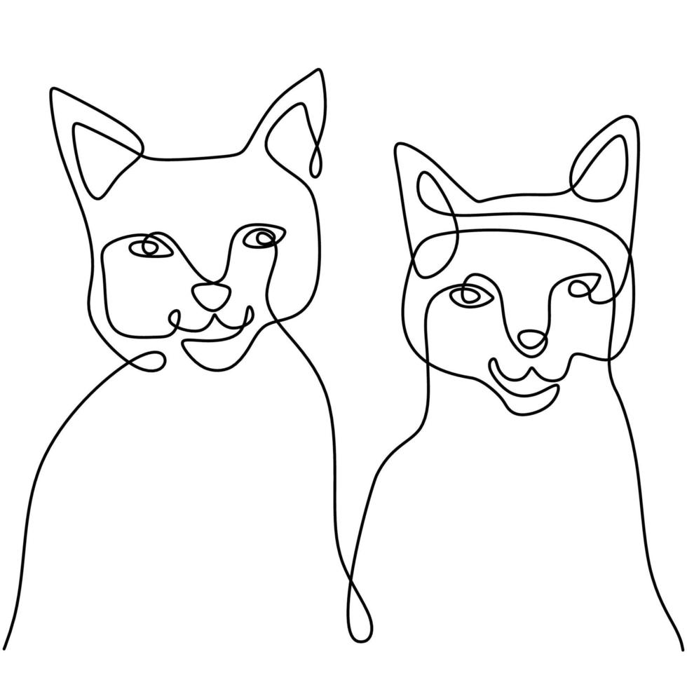 Continuous one line drawing of two happy cat funny faces. A kitten couple is sitting isolated on white background. Doodle animals icons minimalistic line art. Vector Valentine's Day illustration