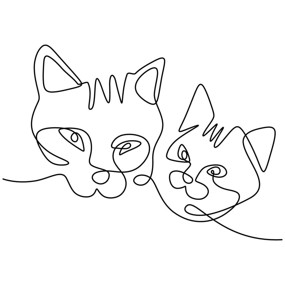 Continuous one line drawing of cat face couple. Two cute kitten head minimalist art isolated on white background. Pet animals concept hand draw design contour. Vector illustration