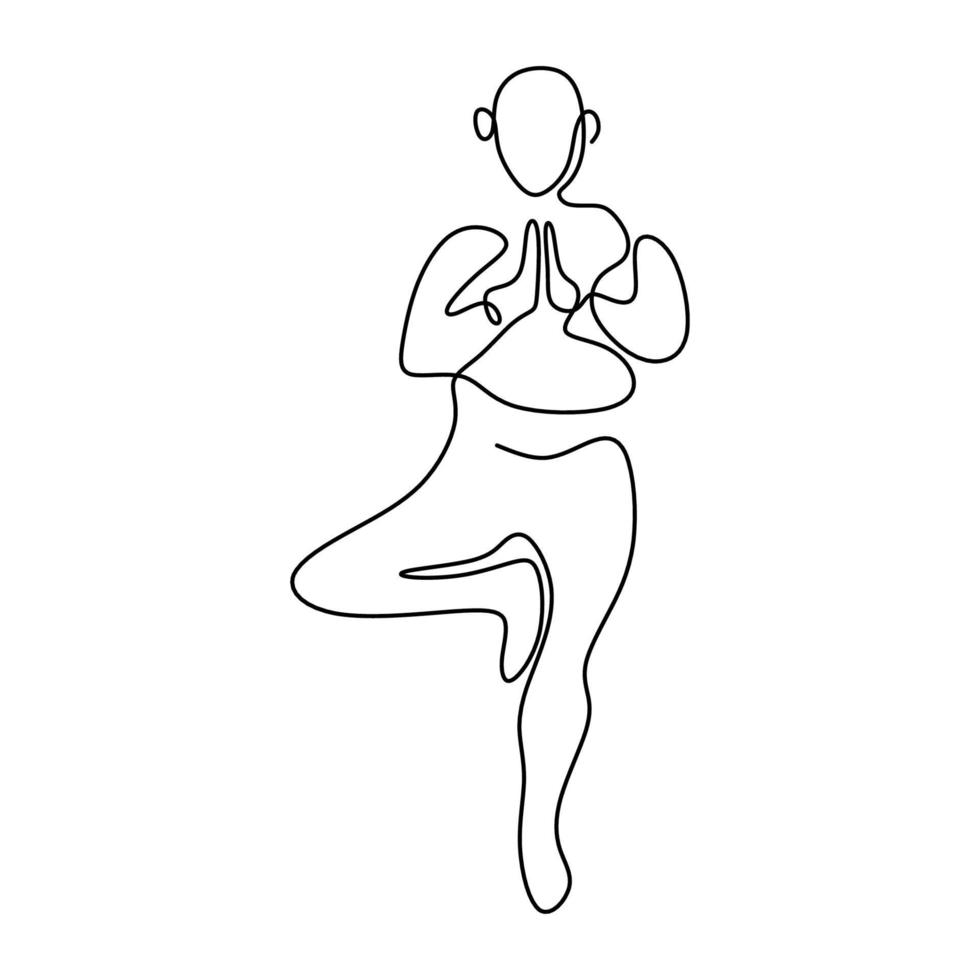 arte de línea continua o dibujo de una línea de una mujer haciendo yoga pose de árbol aislado o fondo blanco. de pie sobre una pierna. concepto de estilo de vida saludable. dia internacional del yoga. ilustración vectorial vector