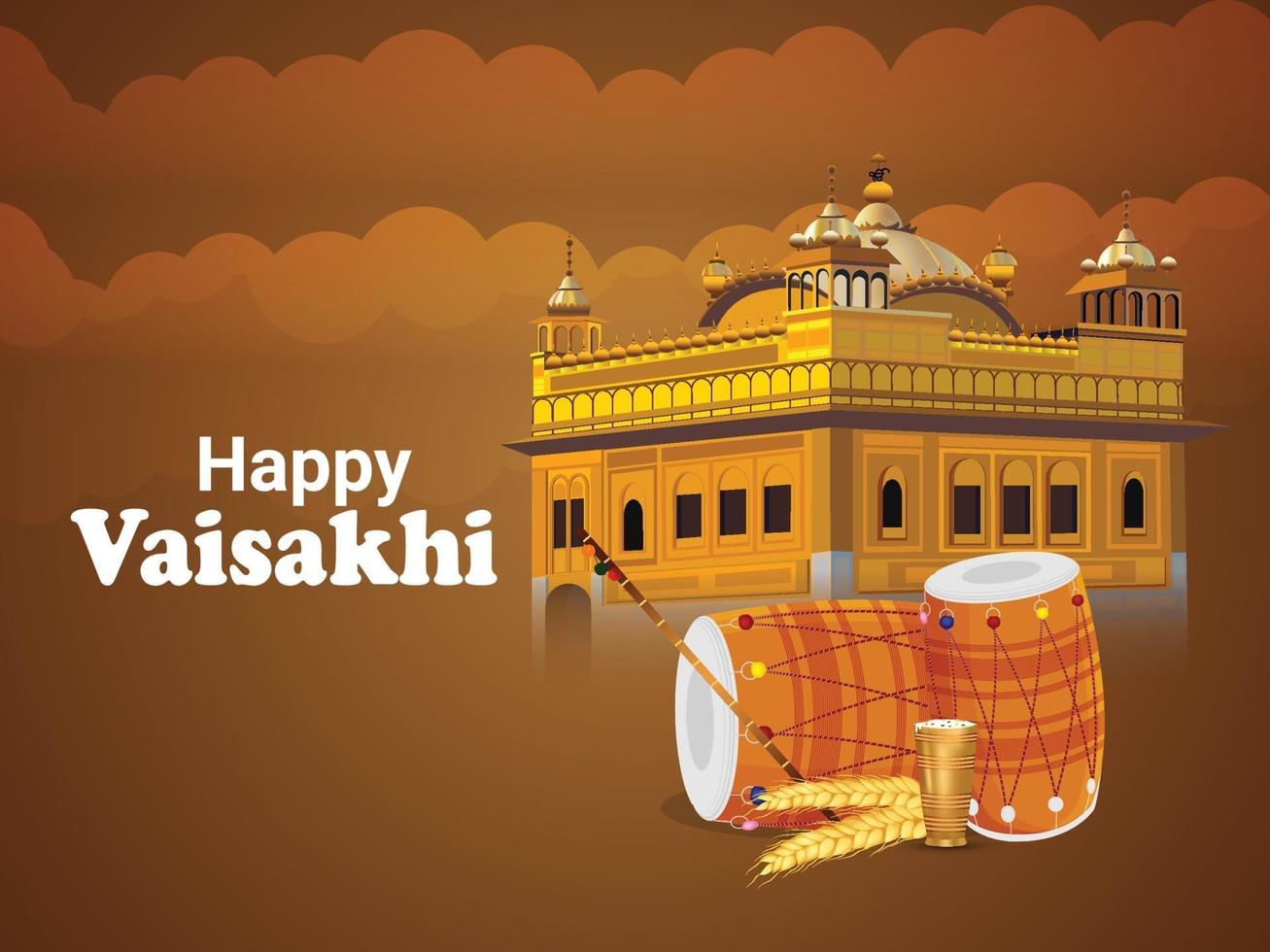 Realistic illustration Happy vaisakhi  golden temple and drum vector