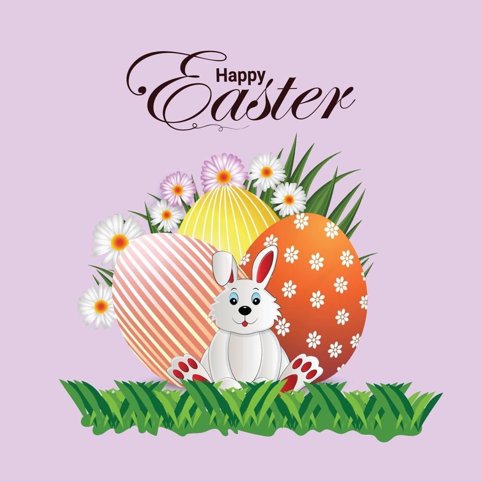 Happy easter day celebration greeting card with colorful painted easter egg and easter bunny vector