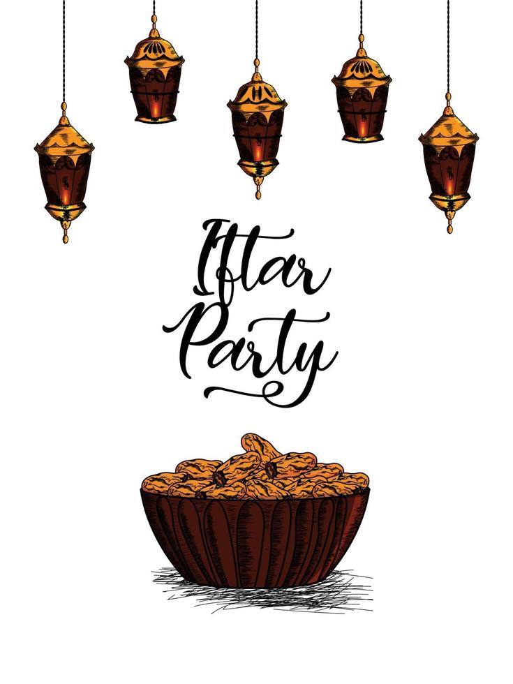 hand draw Iftar party or ramadan mubarak background with arabic lantern vector