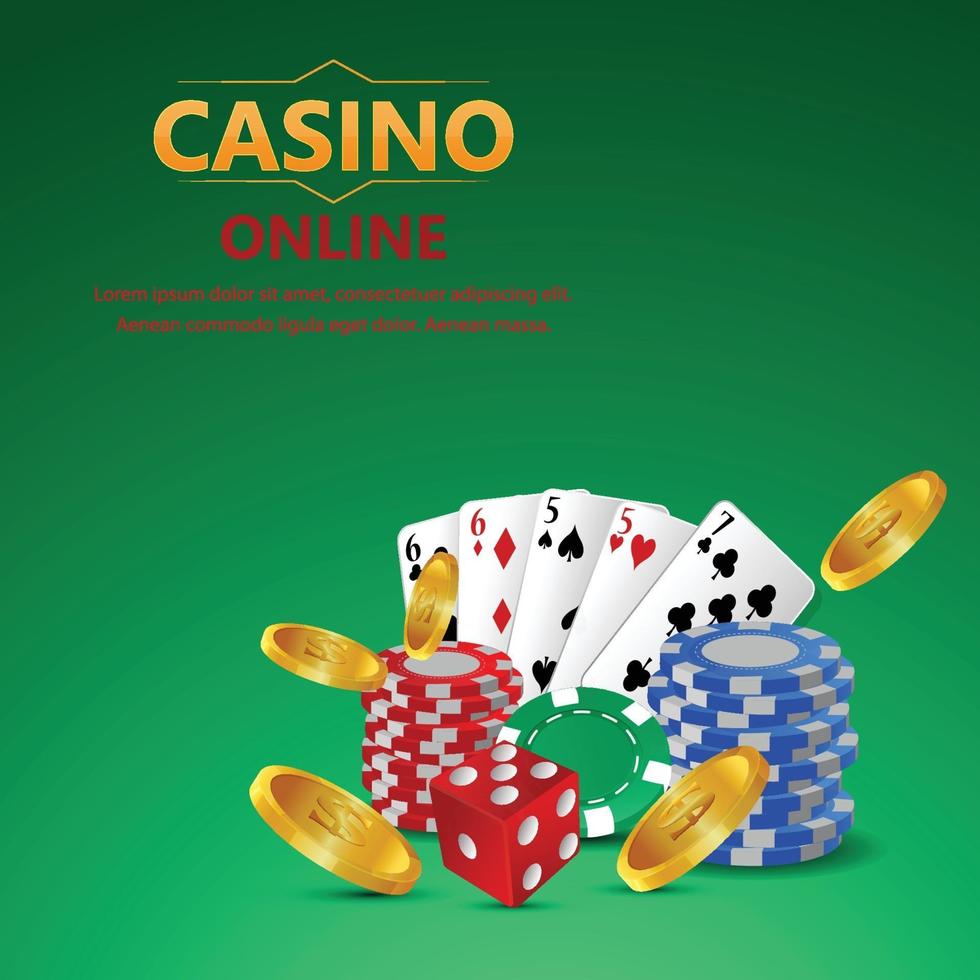 Casino online gambling game with golden text with playing cards and casino chips vector