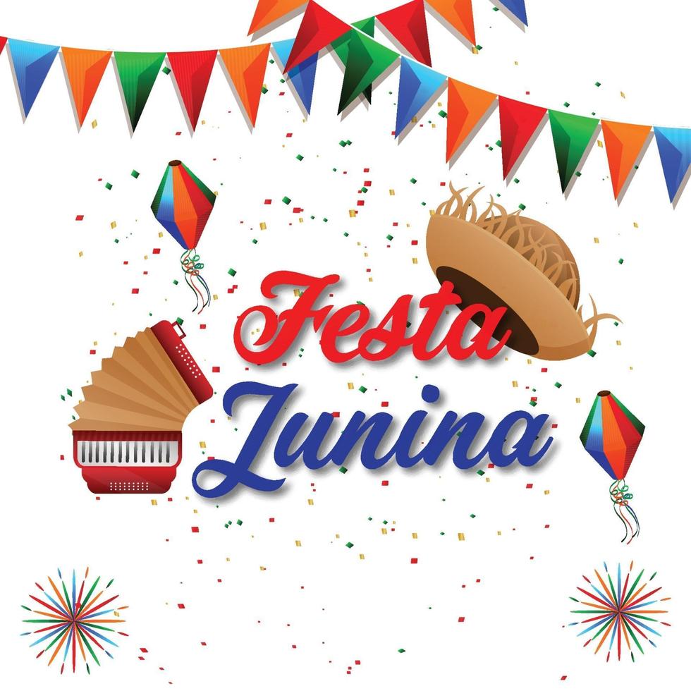 Ilustración de vector de festa junina con guitarra, bandera de fiesta colorida y linterna de papel