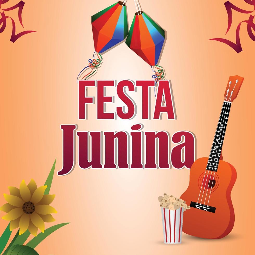 Ilustración vectorial del evento festa junina con bandera de fiesta colorida y guitarra vector