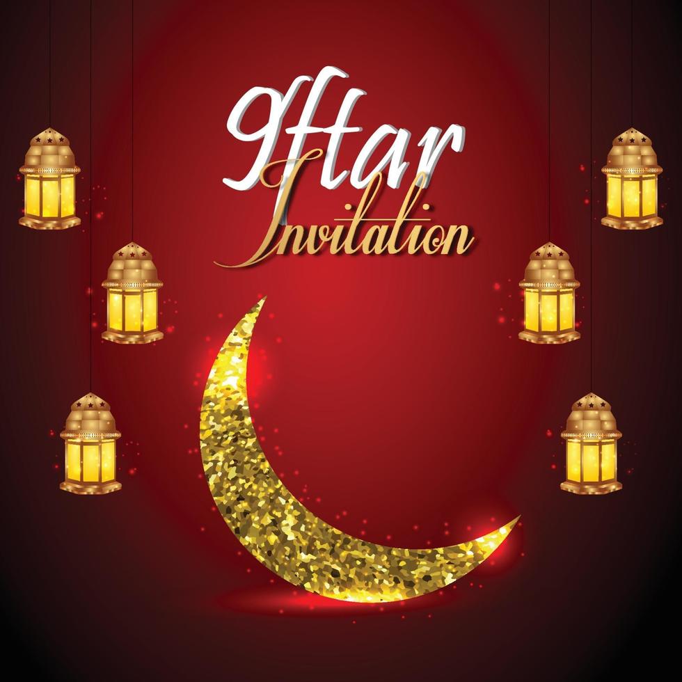 Iftar party invitation greeting card with arabic lantern and golden moon vector