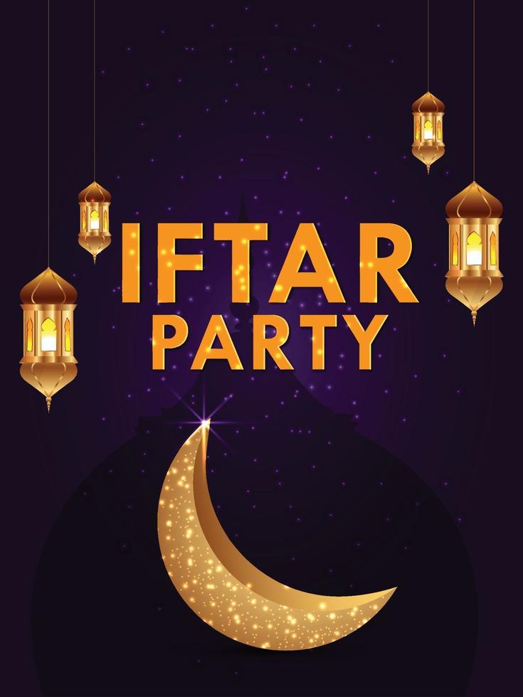 Iftar party celebration invitation party flyer with golden moon and lantern vector