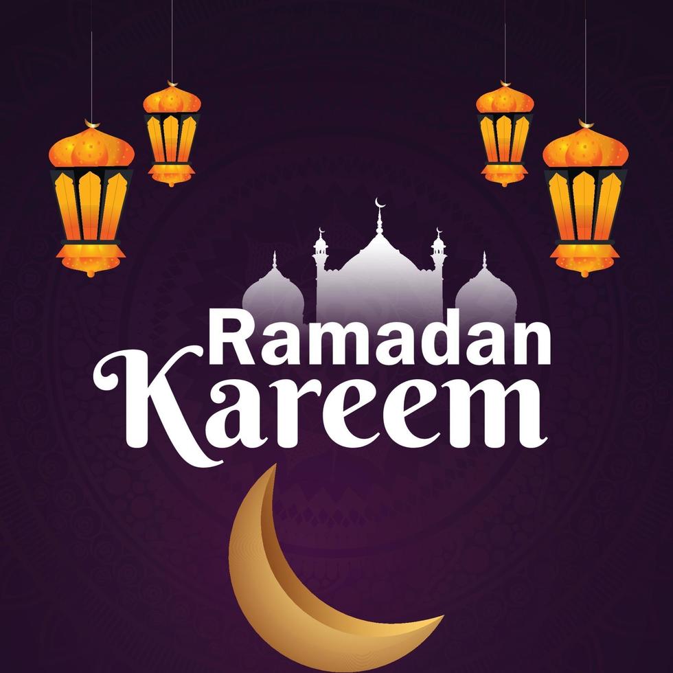 Ramadan kareem with golden lantern and moon vector