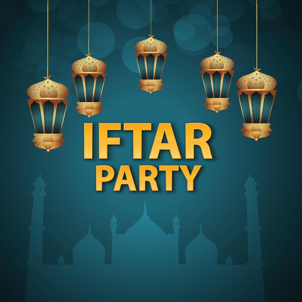 Fondo de invitación de fiesta iftar con linterna árabe dorada vector